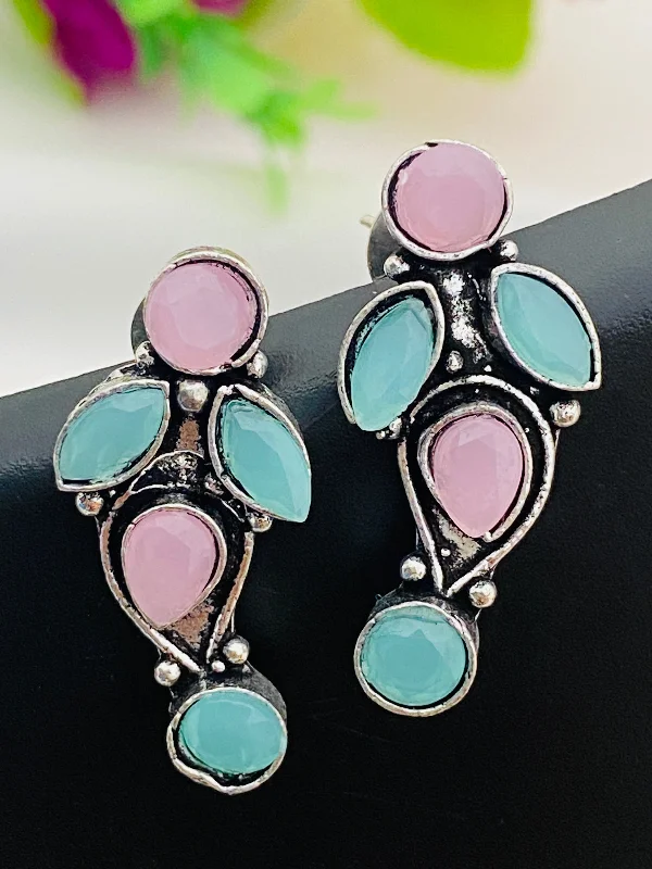 Simple Diamond Earrings-Elegant Blue And Pink Color Designer Silver Oxidized Earrings