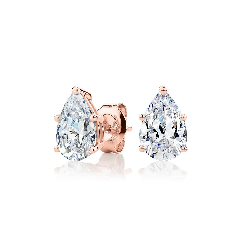 Tropical Earrings for Summer-Pear stud earrings with 2 carats* of diamond simulants in 10 carat rose gold