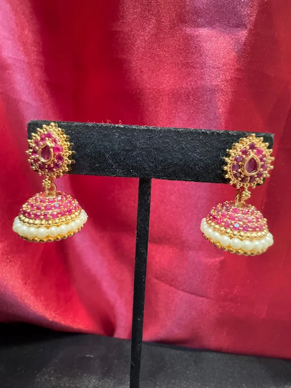 Silver Bead Earrings-Appealing Gold Plated Design Jhumka With Hot Pink Color Stone With Pearl Drop