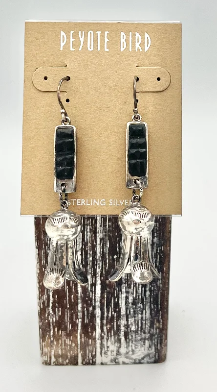 Modern Silver Earrings-Blossom Sterling Silver dangle earrings with black detail