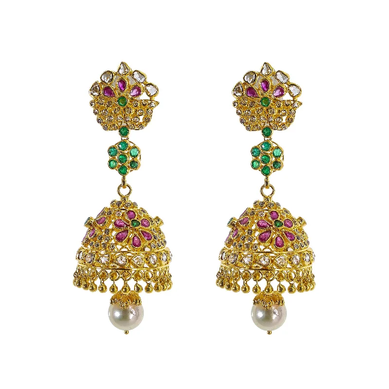 Vintage Style Earrings-22K Yellow Gold Uncut Diamond Jhumki Earrings W/ 2.45ct Uncut Diamonds, Emeralds, Rubies & Drop Pearls