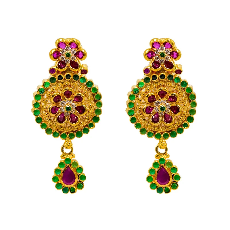 Pearl Drop Earrings-22K Yellow Gold Earrings W/ Rubies, Emeralds, CZ Gems & Round Floral Pendant