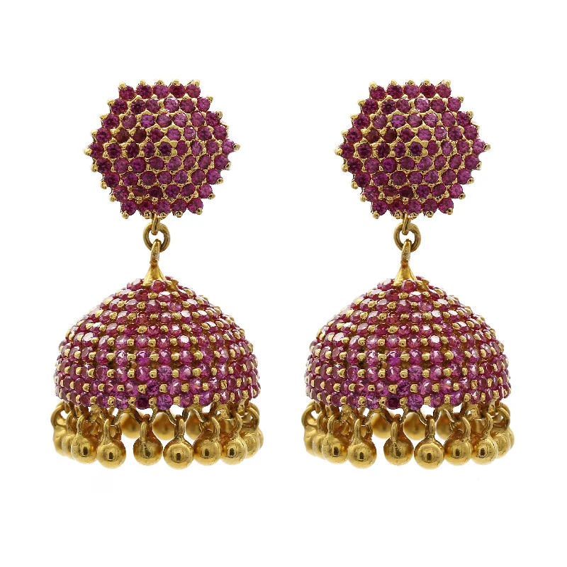 Bridal Gold Earrings-22K Yellow Gold Jhumkis Earrings W/ Ruby Pavé