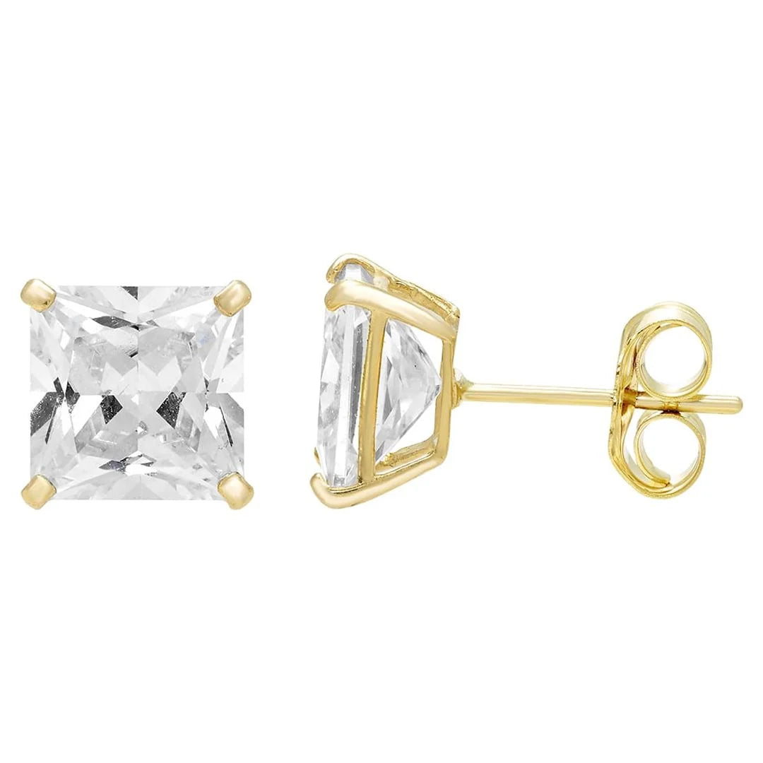 Gold Leaf Earrings-14k Yellow Gold Square Clear CZ Stud Earrings