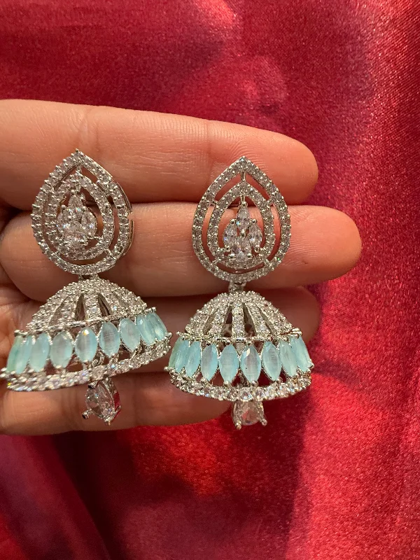 Luxury Drop Earrings-Dazzling American Diamond Design Jhumka With Light Blue Color Stone With White Stone Bead