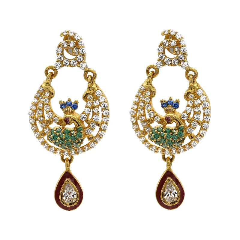 Shiny Hoop Earrings-22K Yellow Gold Peacock Drop Earrings W/ Emeralds, Rubies, & Cubic Zirconia