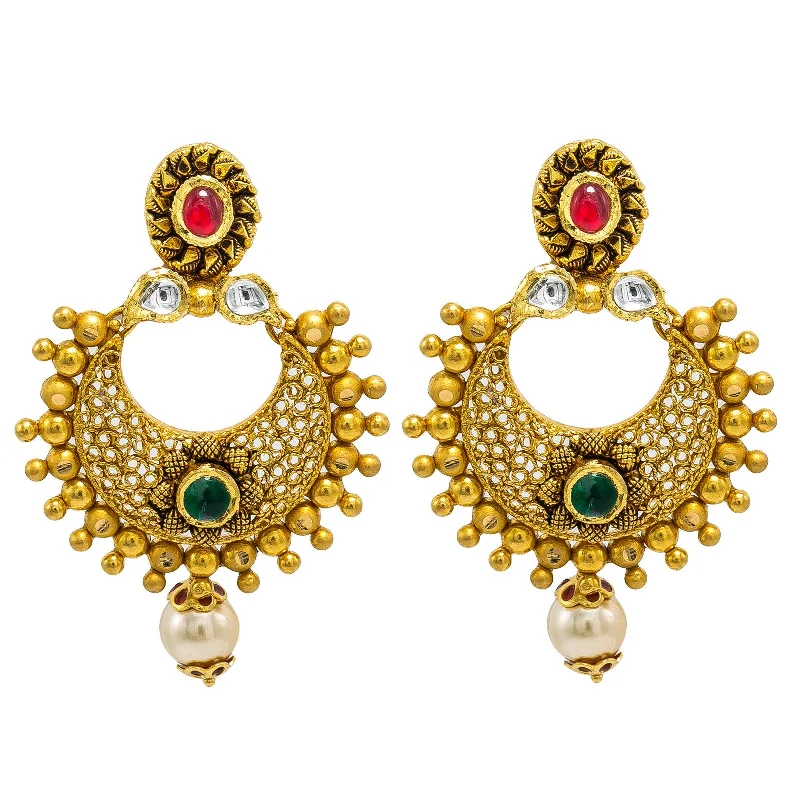 Large Diamond Earrings-22K Yellow Gold Chandbali Long Drop Earrings W/ Ruby, Emerald, Kundan & Pearl on Beaded Open Pendant