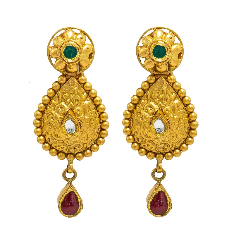 Artistic Metal Earrings-22K Yellow Gold Drop Earrings W/ Ruby, Emerald & Kundan on Matte Pear Pendant