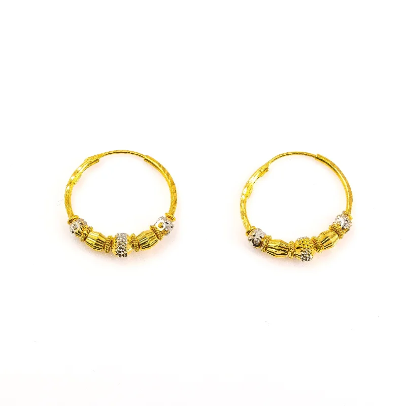 Chandelier Earrings for Weddings-22K Two-Tone Gold Beaded Hoop Earrings W/ Diamond Cutting