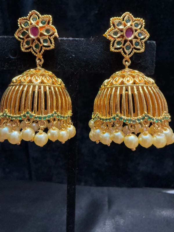 Long Dangle Earrings-Dazzling Gold Plated Design Jhumka With Pink And Green Color Stone With Pearl Drop