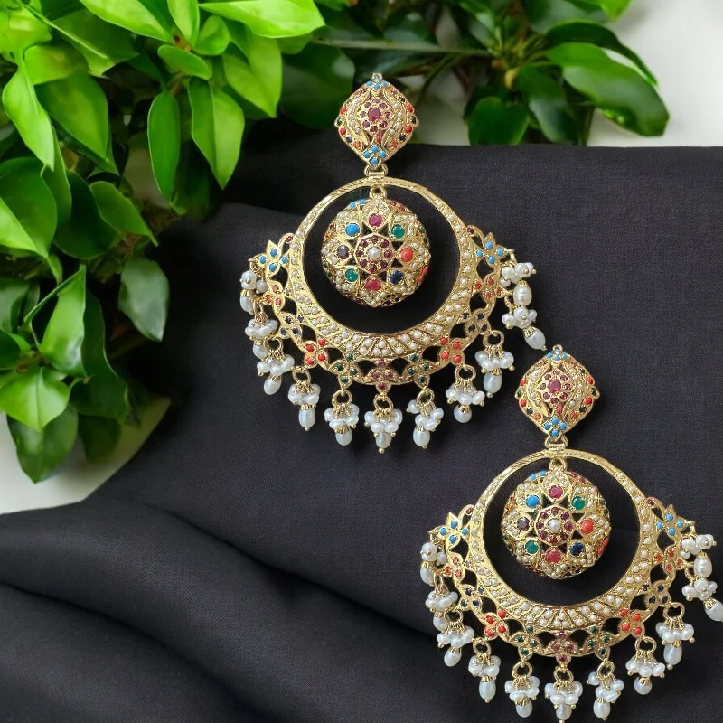 Vintage Boho Earrings-92.5 silver gold plated earrings in navratan with fresh water pearls (READY TO SHIP )