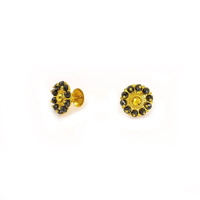 Heart Shaped Earrings-22K Yellow Gold Stud Earrings W/ Faceted Glass Bead Petals