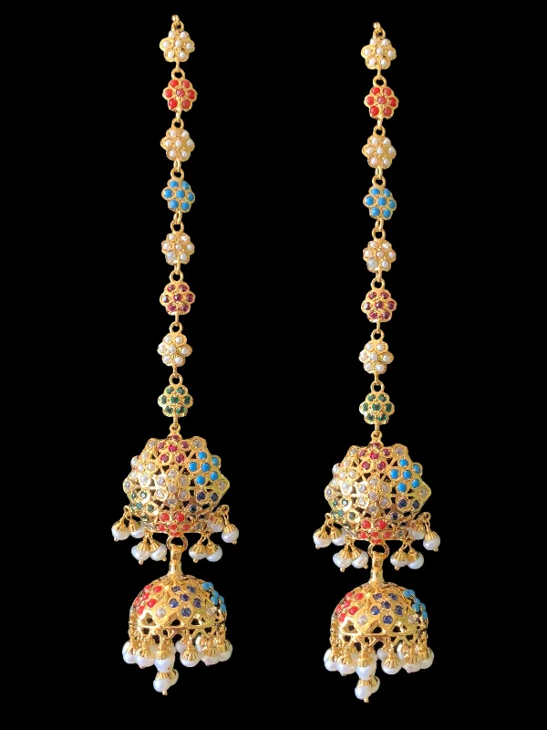 Geometric Stud Earrings-Navratan gold plated silver jhumka earrings