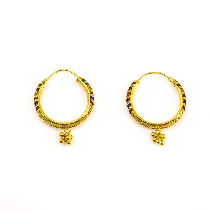 Rustic Gemstone Earrings-22K Yellow Gold Hoop Earrings W/ Dotted Design & Enamel