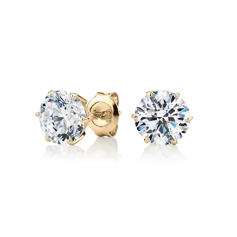 Modern Silver Earrings-Round Brilliant stud earrings with 3 carats* of diamond simulants in 10 carat yellow gold