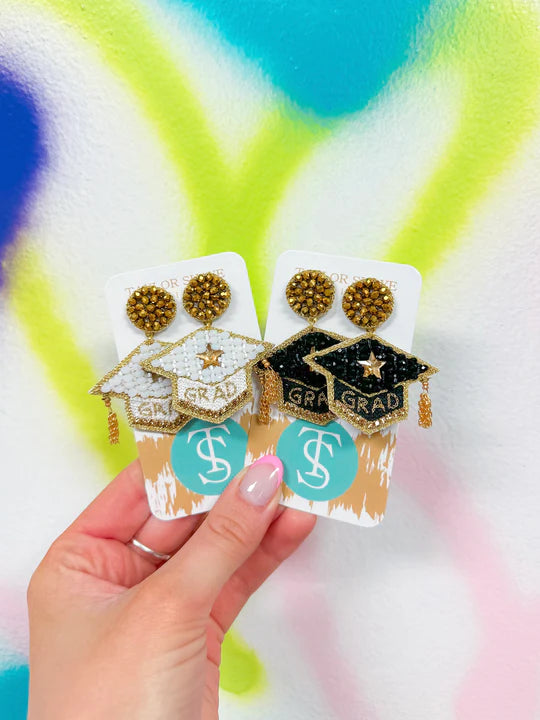 Pretty Gold Earrings-Beaded Grad Cap Earrings