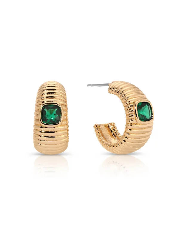 Large Bead Earrings-Ribbed Emerald Medium Hoops