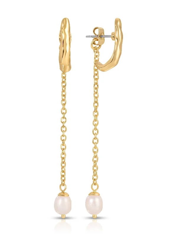 Yellow Gold Earrings-Linear Luxe Pearl Drop Earrings