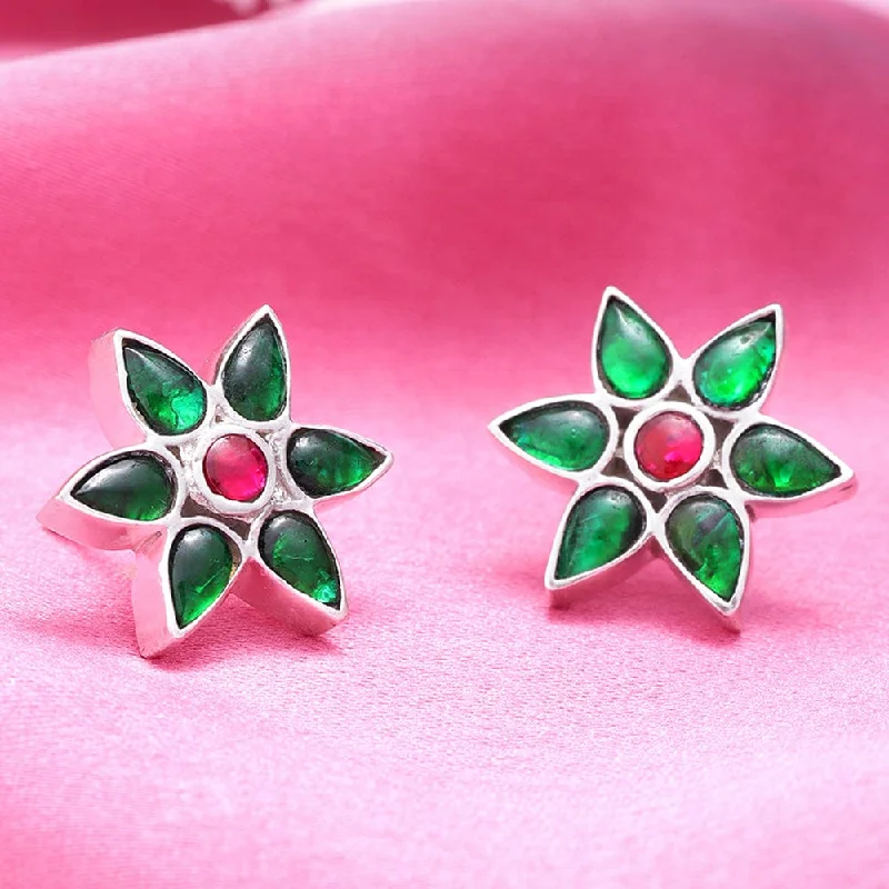 Vintage Boho Earrings-92.5 Silver Green Kundan Flower Stud Earrings