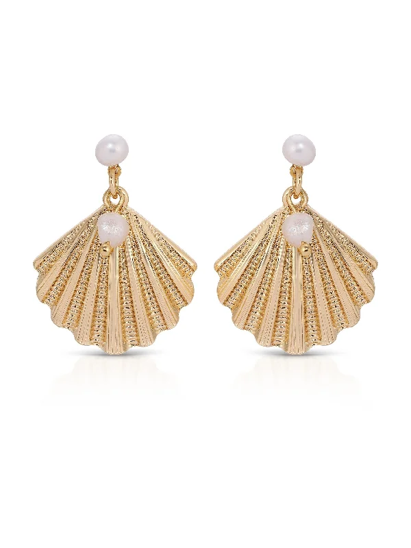 Silver Bead Drop Earrings-Scallop Shell and Pearl Earrings