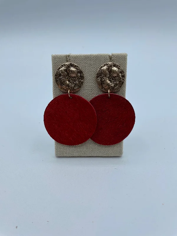 Colorful Gemstone Hoop Earrings-Red Cowhide Disc Earrings