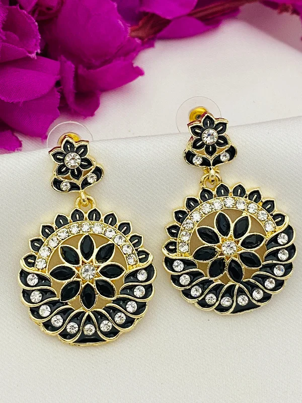 Silver Pearl Earrings-Elegant Black Color Enameled Stone Work Kundan Dangler Earrings