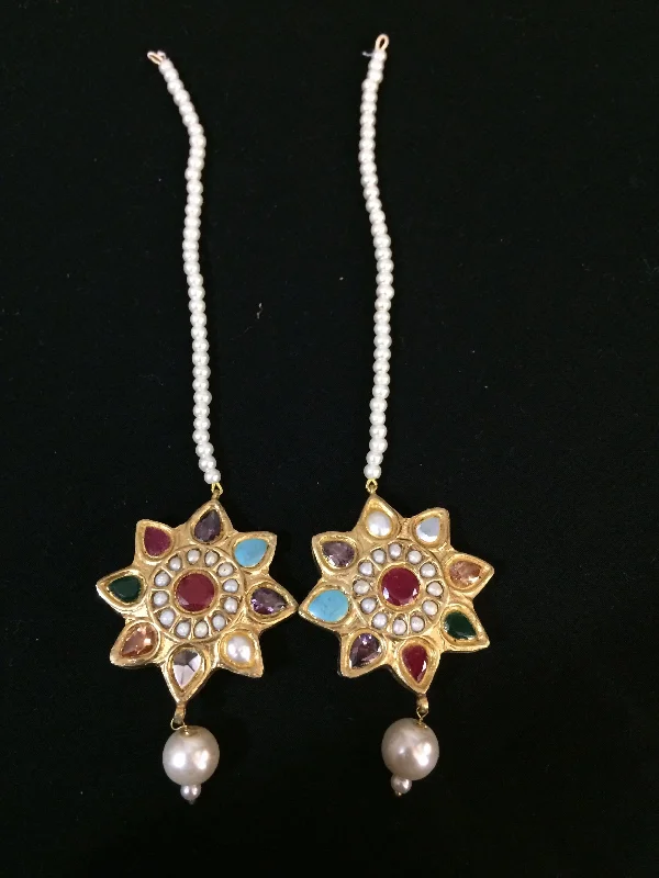 Multi-Colored Earrings-Sitara Pakistani Kundan earrings with pearl ear supports(SHIPS IN 4 WEEKS )