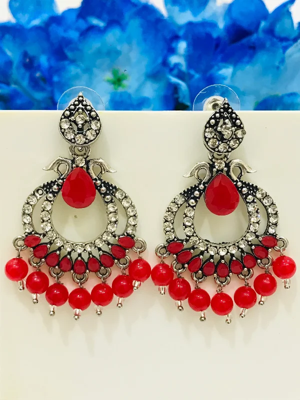 Luxury Gold Earrings-Fabulous Silver With Red And White Stones Oxidized Earrings