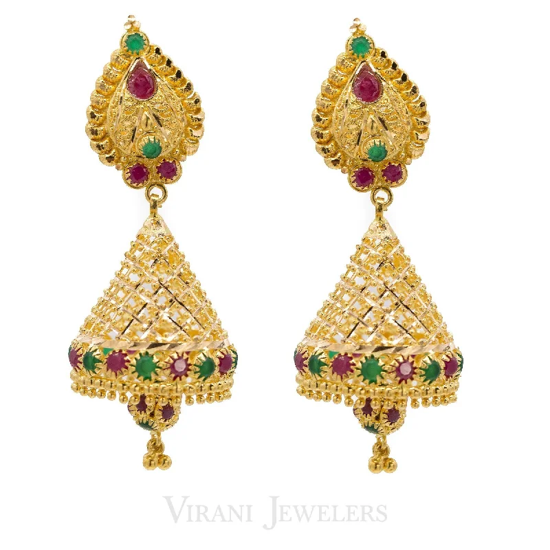 Rustic Gemstone Earrings-22K Yellow Gold Jumkhi Drop EarringsW/Precious Ruby & Emerald Stones