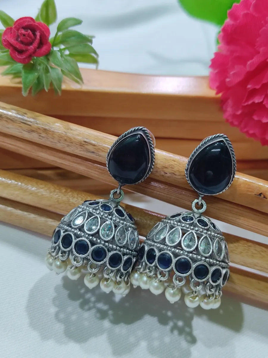 Modern Tassel Earrings-Gorgeous Oxidized Blue And White Stone, Pearl Beaded Jhumki Earrings With AD Stones