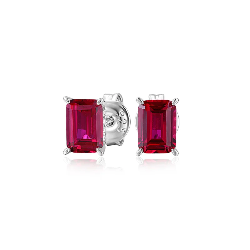 Light Blue Earrings-Emerald Cut stud earrings with ruby simulants in sterling silver