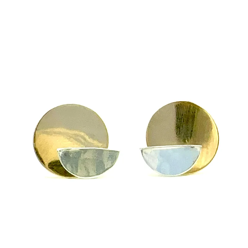 Gold Chain Earrings-Half Moon Argentium Silver Stud with 14kt Gold-Filled Disc Ear Jacket Earring