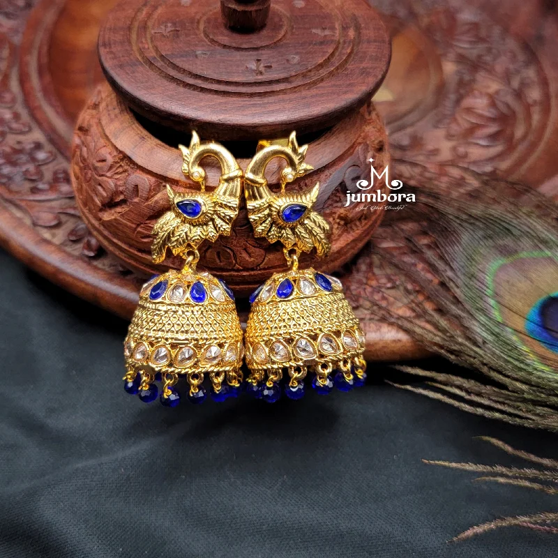 Pearl Hoop Earrings-Blue Peacock LCD Champagne AD stones Jhumka Earrings