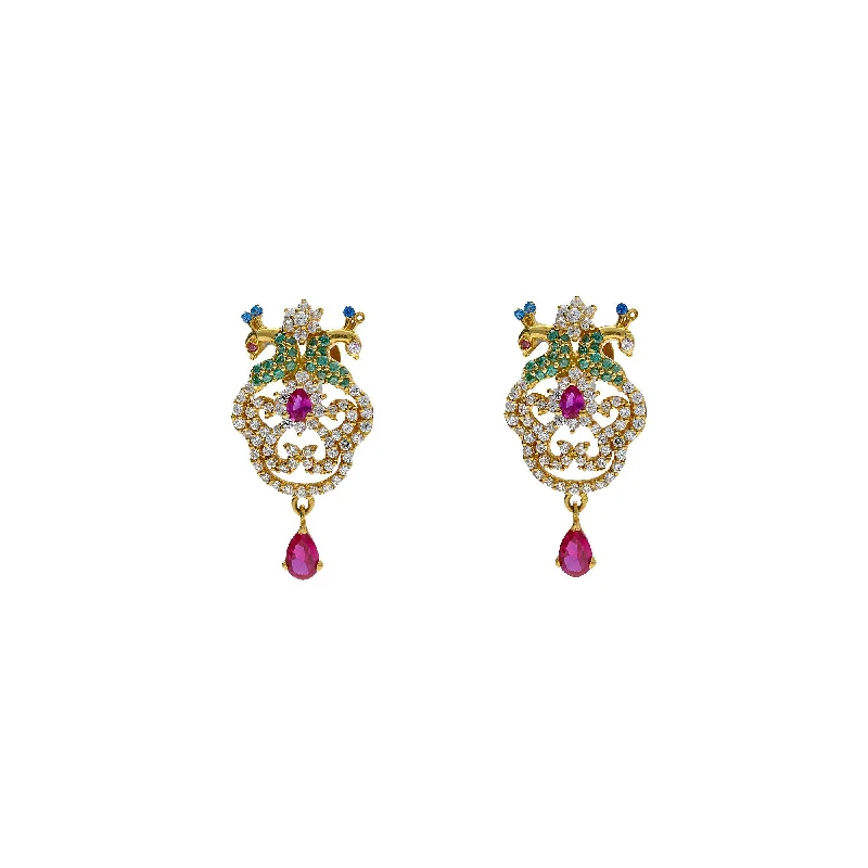 Small Gold Earrings-22K Yellow Gold Drop Earrings W/ CZ, Rubies, Emeralds & Paisley Peacock Design