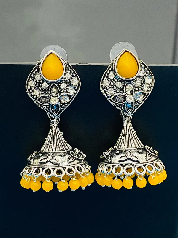 Beautiful Crystal Earrings-Elegant Yellow Color Stone Beaded Flower Designer Silver Toned Oxidized Jhumka Earrings With Beads