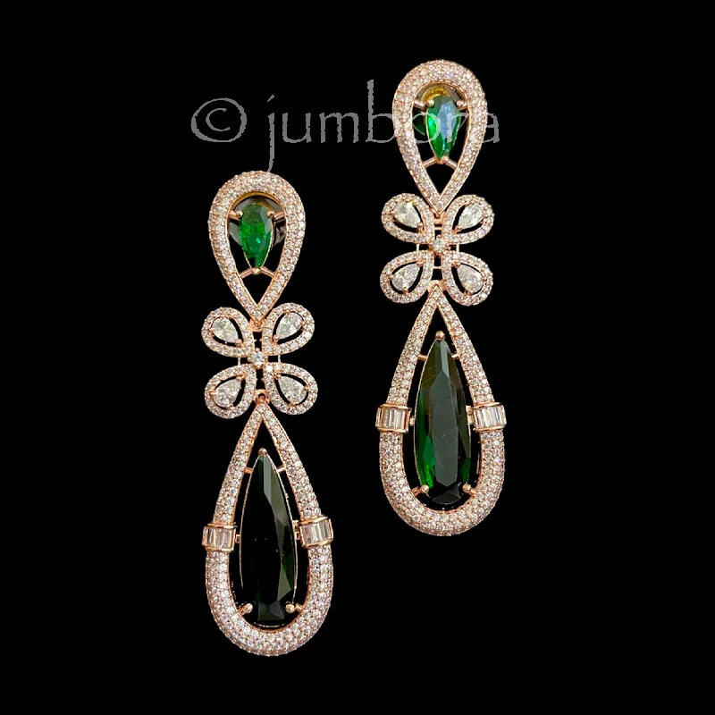 Diamond Drop Earrings-Emerald Green Rose gold Long AD Zircon (CZ) Earrings