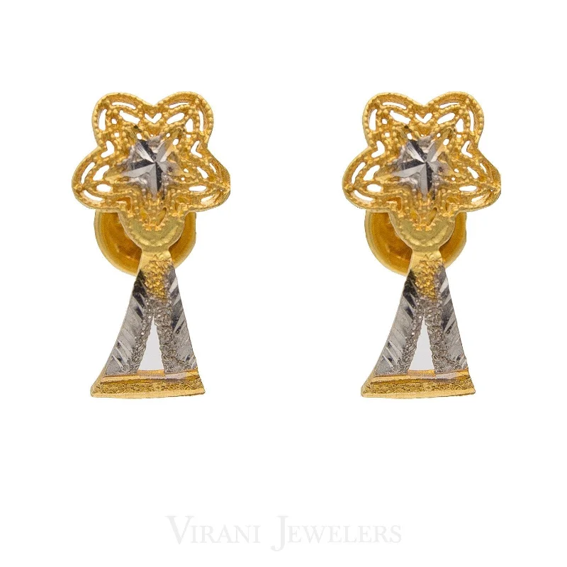 Statement Earrings for Weddings-22K Yellow & White Gold Stud Earrings W/ Floral & Triangle Fused Shape