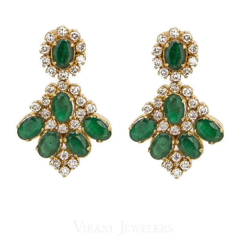 Light Blue Earrings-1.12CT Diamond Drop Earrings Set In 18K Yellow Gold W/ Precious Emerald Accents