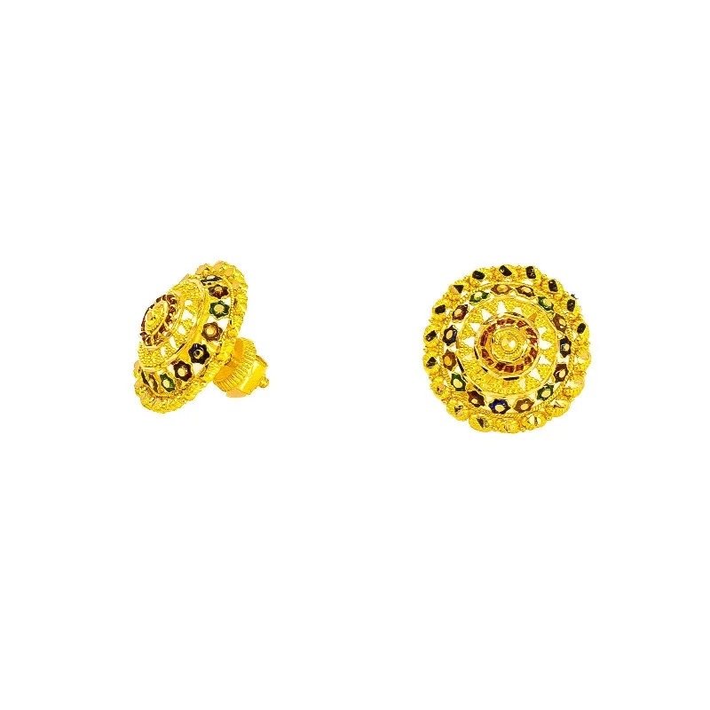 Casual Everyday Earrings-22K Yellow Gold Stud Earrings W/ Meenakari Design & Open Cut Round Shield Frame