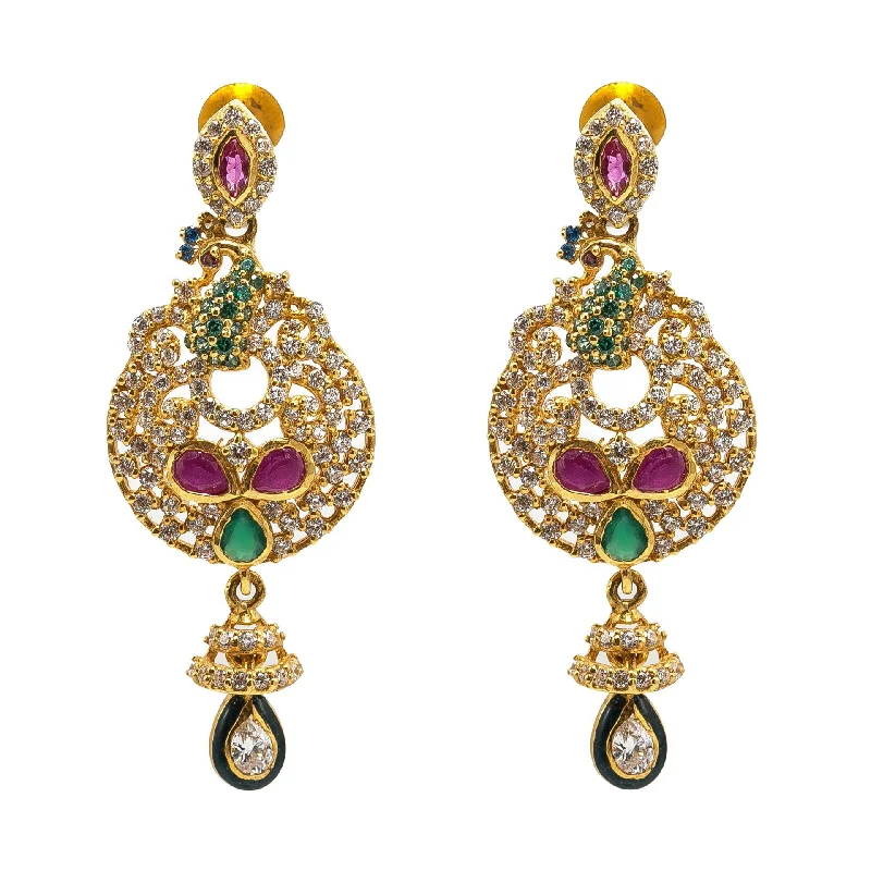 Simple Gemstone Earrings-22K Yellow Gold Drop Earrings W/ Rubies, Emeralds, CZ Gems & Round Peacock Pendants