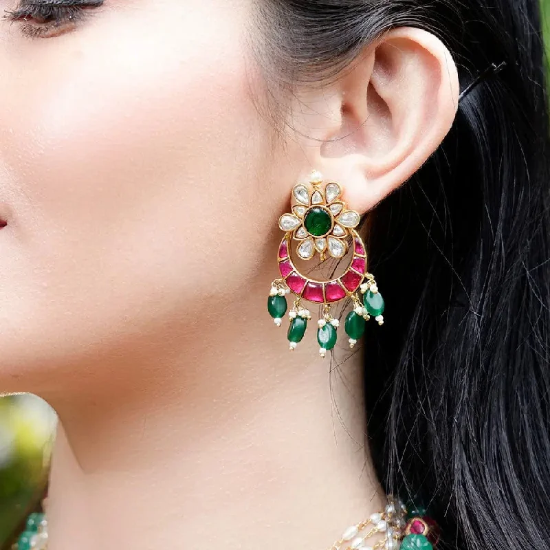 Wedding Pearl Earrings-Silver Kundan Chandbali With Green Drops