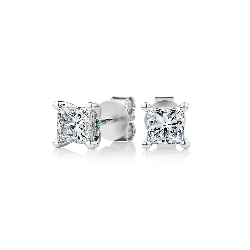 Statement Earrings for Weddings-Premium Lab-Grown Diamond, 1.40 carat TW princess cut stud earrings in 14 carat white gold