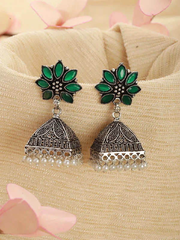 Large Silver Earrings-Silver-Plated Pearl Beaded & Green Stone Studded Handcrafted Dome Shaped Jhumkas