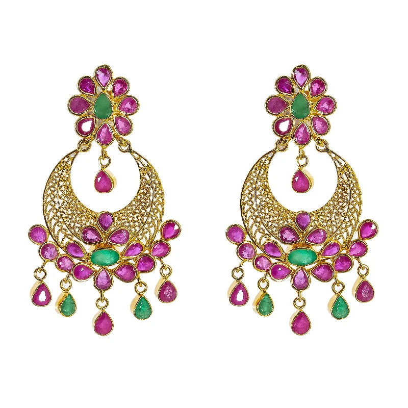 Casual Silver Earrings-22K Yellow Gold Chandbali Hoop Earrings W/ Rubies & Emeralds