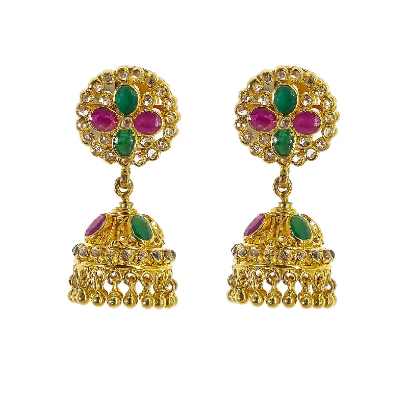 Wedding Earrings for Bride-22K Yellow Gold Uncut Diamond Jhumki Earrings W/1.21ct Uncut Diamonds, Emeralds & Rubies