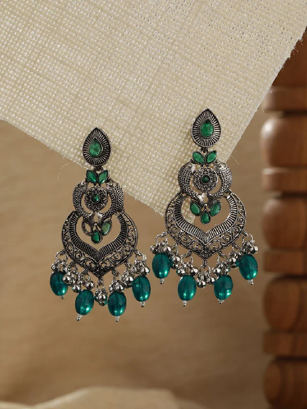 Rose Gold Drop Earrings-Green Silver-Plated Kundan Studded Fish Shaped Chandbalis