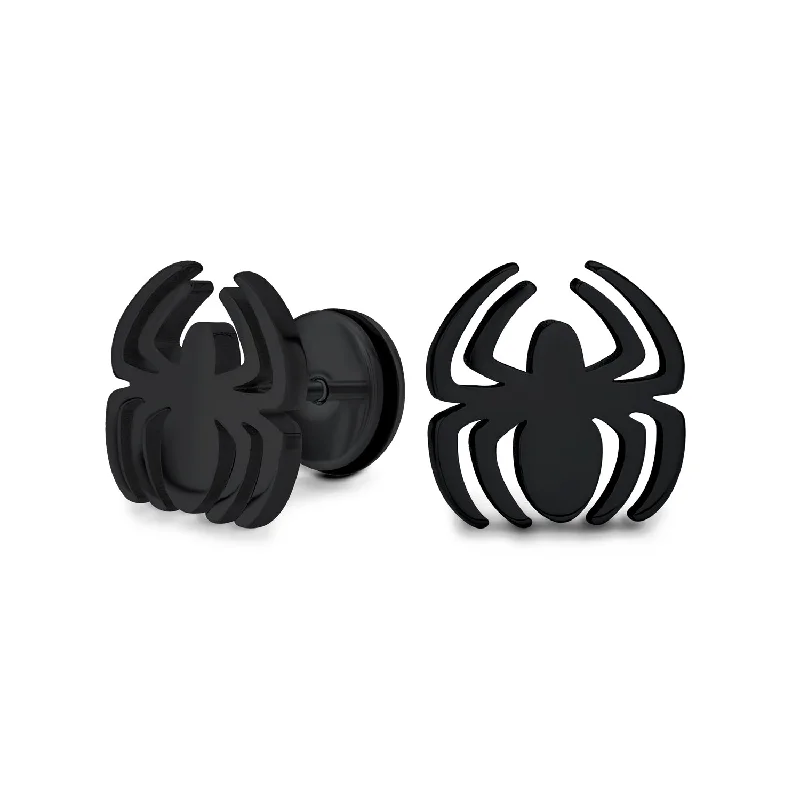 Soft Pink Earrings-Silver Tone Black Widow Spider Ear Plug Illusion Stud Earrings Surgical Steel 16G