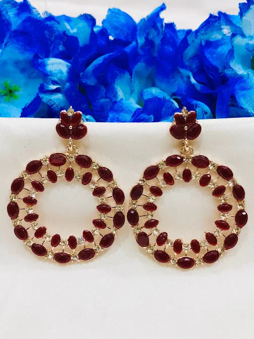 Luxury Bridal Earrings-Stunning Gold Plated Maroon Color Printed Work Earrings