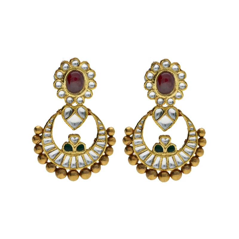 Birthstone Stud Earrings-22K Yellow Antique Gold Chandbali Pendant & Earrings Set W/ Kundan, Rubies & Emeralds