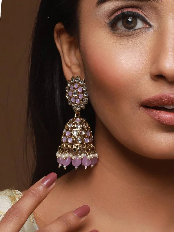 Designer Silver Earrings-Gold Plated Purple Beaded & White Kundan Studed Jhumka Earrings